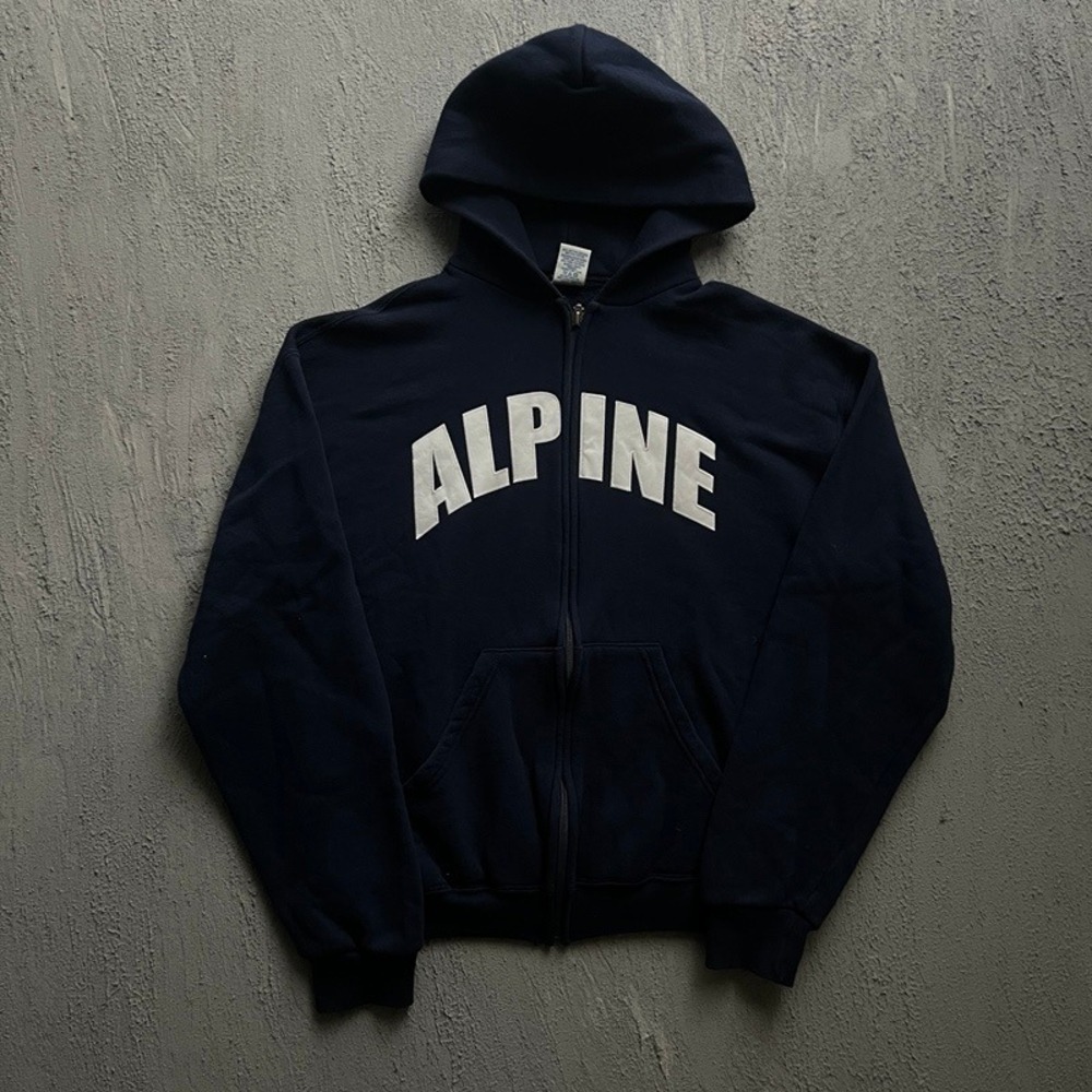 Vintage Russell Athletic Hoodie Mediu Blue 1990s Alpine Spell Out Zip Up